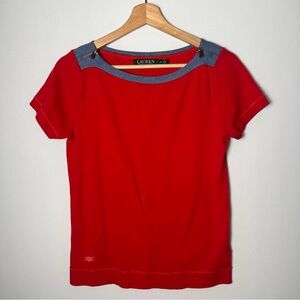 Lauren Ralph Lauren 90s Y2K Chambray Trim Zip Shoulder Short Sleeve Top Red Med